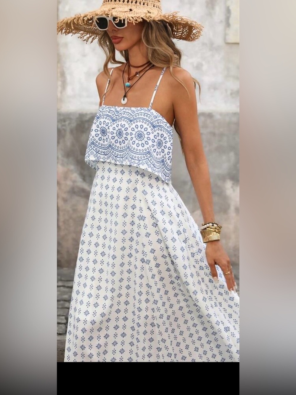 Brilloria women’s white and blue floral print BoHo cottage cord dress